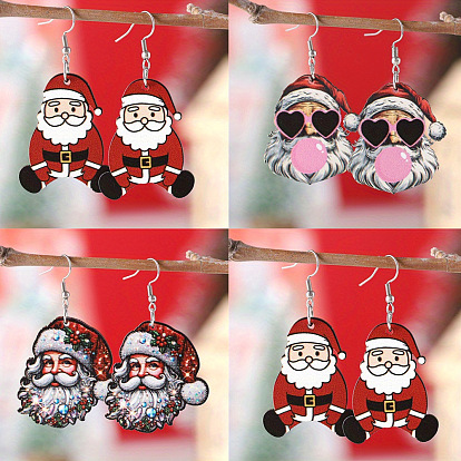 Серьги-подвески с двусторонней печатью на дереве, платина, Дед Мороз