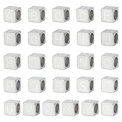26 шт. 26 стили 304 европейские бусины из нержавеющей стали, бусины с большим отверстием, куб с письмом
