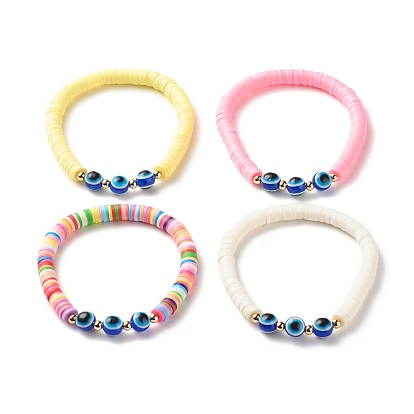 Bracelets élastiques faits à la main de perles heishi en pâte polymère, Mauvais œil perles de résine rondes bracelet porte-bonheur pour fille femmes