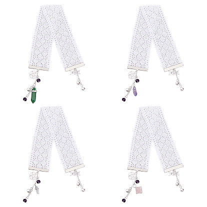 4 pcs 4 styles marque-pages plats en dentelle de coton, avec 304 chaînes torsadées en acier inoxydable, pendentifs en alliage de style tibétain et perles de pierres précieuses