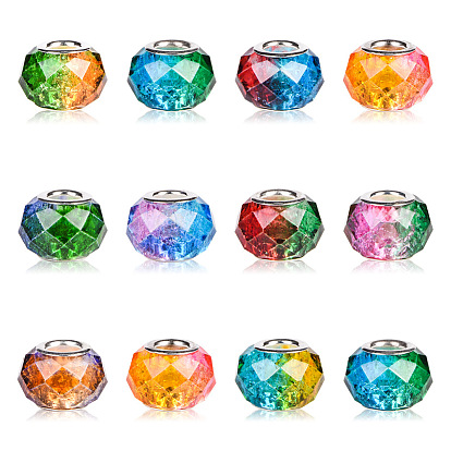 Glass European Beads, with Stainless Steel Core, Faceted, Rondelle