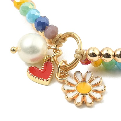 Heart & Daisy Enamel Charm Bracelet with Shell Pearl, Rainbow Color Glass Braided Bead 2-Strands Bracelets, Nylon Thread Adjustable Bracelet for Women
