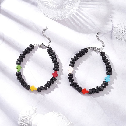 Браслеты из бисера с крестом из синтетической бирюзы и натуральными самородками лавы, платина