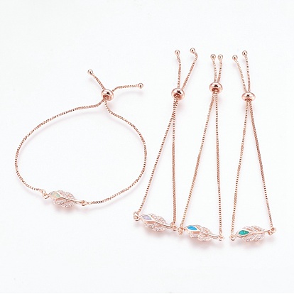 Adjustable Brass Micro Pave Cubic Zirconia Bolo Bracelets, Slider Bracelets, with Synthetic Opal, Leaf