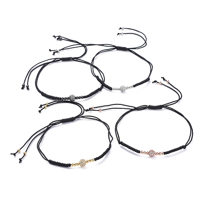 Adjustable Nylon Cord Braided Bead Bracelets, with Round Brass Micro Pave Clear Cubic Zirconia Beads and Brass Beads