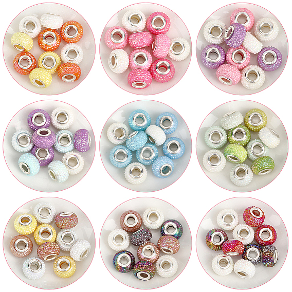 90cs 9 Colors Large Hole Resin European Beads, with Platinum Brass Double Cores, Rondelle