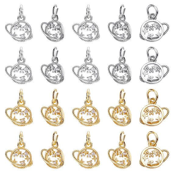 ARRICRAFT 20Pcs 2 Colors Brass Micro Pave Clear Cubic Zirconia Pendants, with Jump Ring, Planet with Star