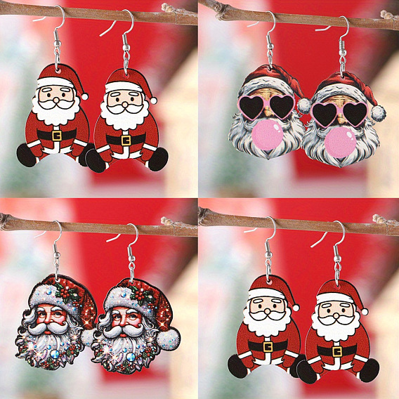 Серьги-подвески с двусторонней печатью на дереве, платина, Дед Мороз