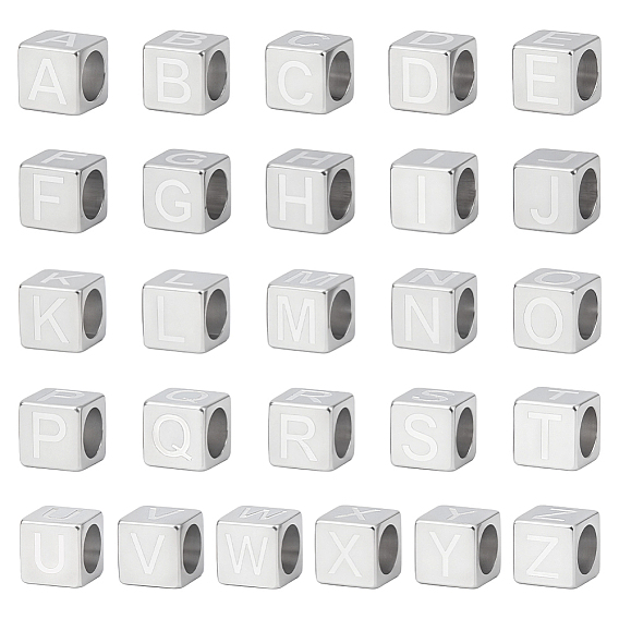 26Pcs 26 Styles 304 Stainless Steel European Beads, Large Hole Beads, Cube with Letter