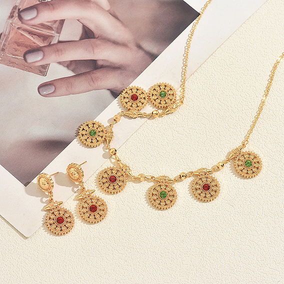 Ensembles de boucles d'oreilles pendantes rondes en alliage vintage et zircon cubique coloré, avec colliers assortis, pour femmes