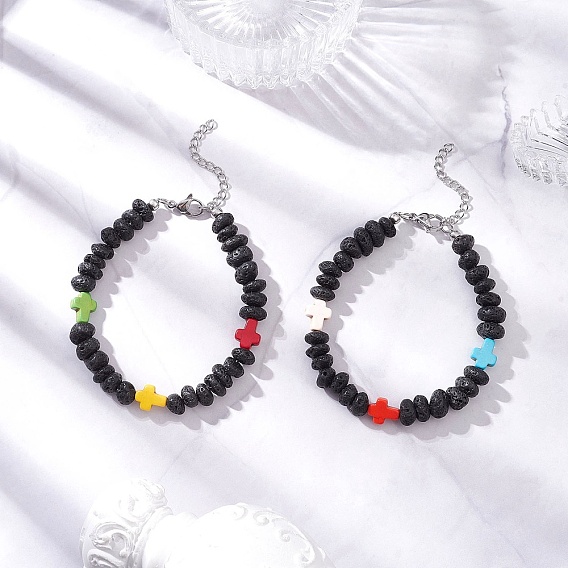 Браслеты из бисера с крестом из синтетической бирюзы и натуральными самородками лавы, платина