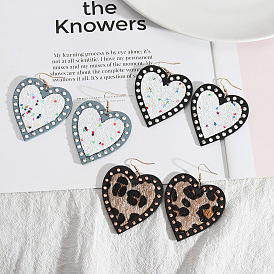 Bold Heart-Shaped Wooden Leather Earrings with European-American Style