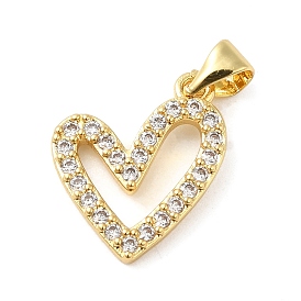 Rack Plating Brass Micro Pave Clear Cubic Zirconia Pendants, Long-Lasting Plated, Cadmium Free & Lead Free, Heart Charm