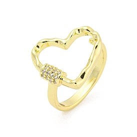 Heart Brass Micro Pave Clear Cubic Zirconia Open Cuff Rings, Long-Lasting Plated