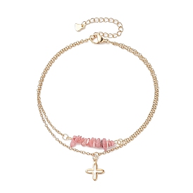 Natural Rhodochrosite Chips Beaded & Cross Charms Double Layer Multi-strand Bracelet, Stainless Steel Jewelry for Women