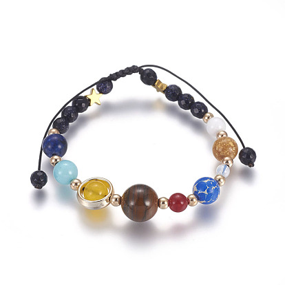 7 Chakras Nine Planets Braided Bead Bracelets, with Natural & Synthetic Mixed Gemstone, Nylon Cords and Brass Findings