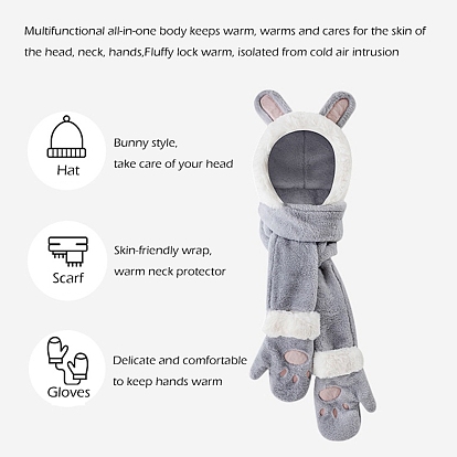 Faux Rabbit Fur Hoodie Hat/Scarf/Gloves Set, Rabbit Shapes Winter Warm Hat for Women