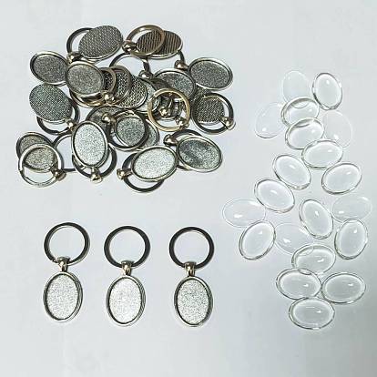 Porte-clés alliage, avec anneaux en fer et cabochons en verre, ovale