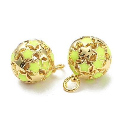 Brass Enamel Charms, with Jump Ring, Real 18K Gold Plated, Long-Lasting Plated, Round with Star