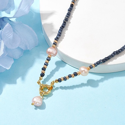 Natural Pearl Heart Pendant Necklace, with Glass Seed Beaded