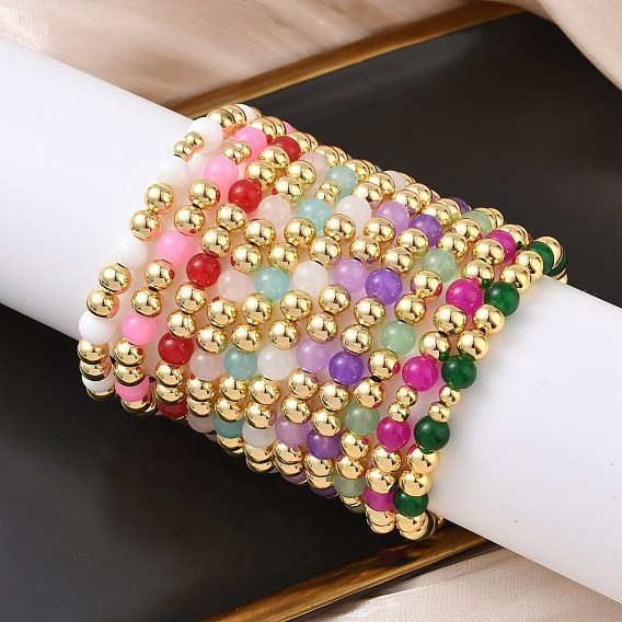 Женские браслеты из круглых бусин из латуни и стекла, стойки покрытие, без свинца и без кадмия, долговечный, реальный 18 k позолоченный