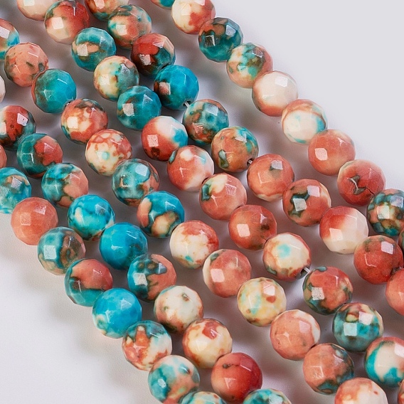 Natural Ocean White Jade/Rain Flower Stone Beads Strands, Dyed, Faceted, Round