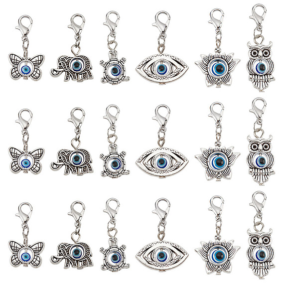 4 наборы подвесных украшений от сглаза, подвески с застежкой-лобстером из сплава и смолы, цветок лотоса, сова, слон, глаз, бабочка и черепаха