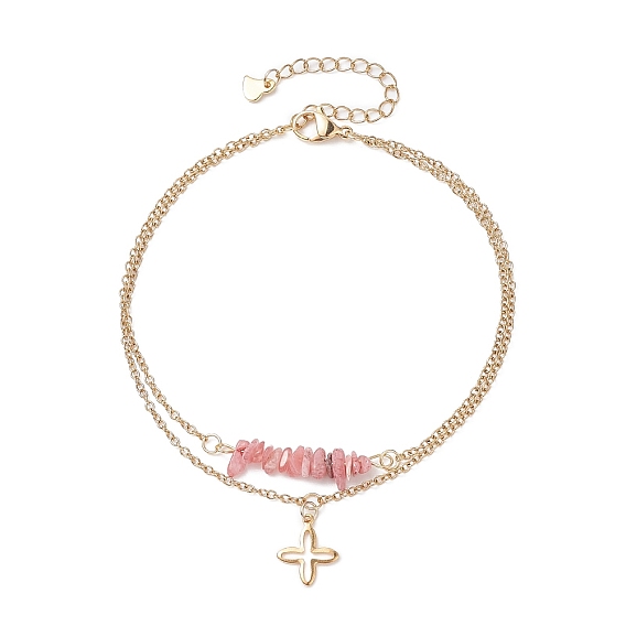 Natural Rhodochrosite Chips Beaded & Cross Charms Double Layer Multi-strand Bracelet, Stainless Steel Jewelry for Women