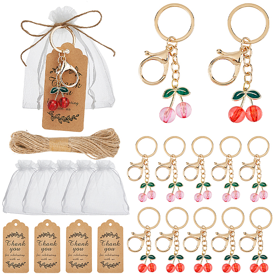 Брелки из вишневого сплава с эмалью, с ценниками из крафт-бумаги, джутовыми шнурами и мешочками из органзы, с акриловой