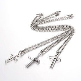 304 Stainless Steel Rolo Chain Cross Pendant Necklaces, with Lobster Claw Clasps