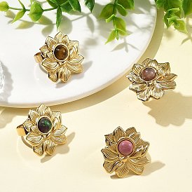 Открытые кольца-манжеты из натуральных смешанных драгоценных камней и нержавеющей стали., цветок, реальный 304 k позолоченный