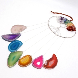 Chakra Nuggets Natural Agate Wall Hanging Decorations, with Wire Wrapped Chip Gemstone Linking Rings, Flat Round with Tree of Life, Platinum