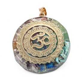 Natural Gemstone Pendants, with Alloy Findings and Resin, Antique Golden, Flat Round with Om Symbol
