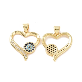 Brass Micro Pave Cubic Zirconia Pendants, Hollow Heart with Evil Eye Charm