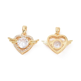 Brass Micro Pave Clear Cubic Zirconia Pendants, Heart with Wing Charms