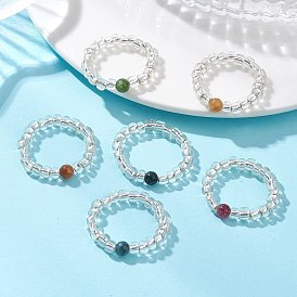 Натуральные зеленые нефритовые кольца с имитацией турмалина и стеклянными бусинами, эластичные.