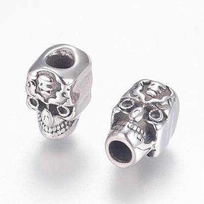304 Stainless Steel European Beads, Large Hole Beads, Skull
