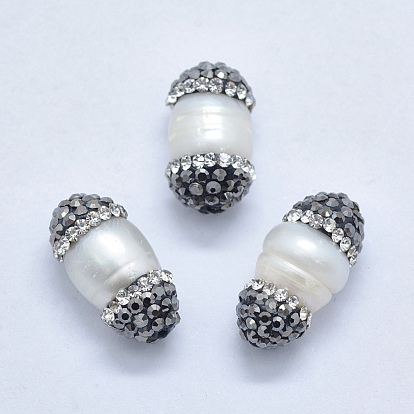 Natural Cultured Freshwater Pearl Beads, with Polymer Clay Grade A Rhinestone, Oval