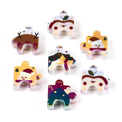 УФ-покрытие, непрозрачные, напечатанные, акриловые европейские бусины, пазл с рождественским узором, большое отверстие шарик