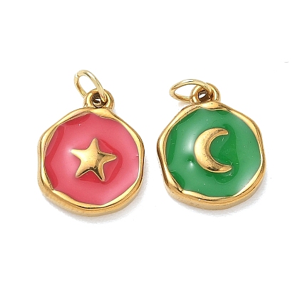 304 Stainless Steel Enamel Pendants, Flat Round Charms, Ion Plating(IP), Real 18K Gold Plated