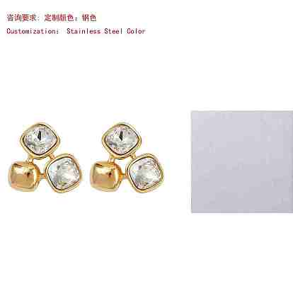 304 Stainless Steel Micro Pave Clear Cubic Zirconia Stud Earrings, Square