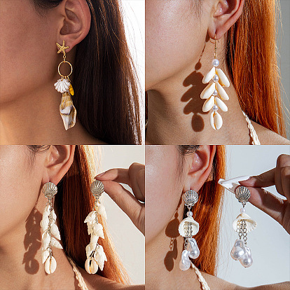 Серьги из сплава из смолы, с натуральной ракушкой и пластиковой жемчужиной