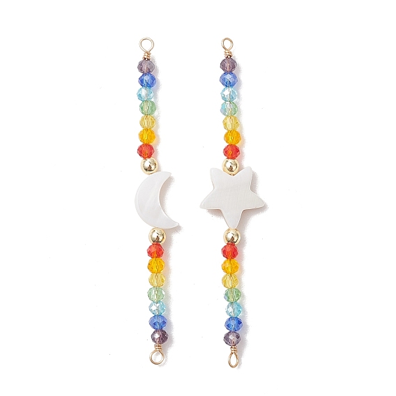2 шт. 2 стили: натуральная белая ракушка и разноцветные стеклянные граненые рондели с бусинами 7 подвески-соединители чакр, ссылки на лунные звезды, золотые