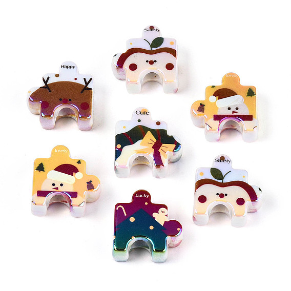 УФ-покрытие, непрозрачные, напечатанные, акриловые европейские бусины, пазл с рождественским узором, большое отверстие шарик