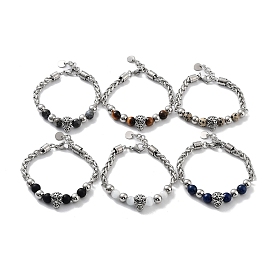 Bracelets en perles de pierres précieuses naturelles mélangées à tête de léopard avec fermoirs à griffes de homard en acier inoxydable