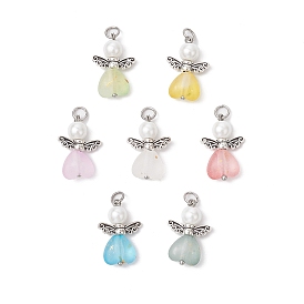 7шт. подвески из матового прозрачного акрила и стеклянного жемчуга, со сплавочной фурнитурой, Ангел с сердцем