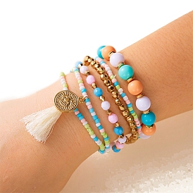 Glass Seed Beads Stretch Bracelet Sets, with Alloy Finding and Tassel