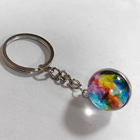 Round Glass Beads Keychain, with Iron Findings