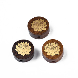 Natural Rosewood Undyed Beads, with Lotus-Shaped Raw(Unplated) Brass Slices, Flat Round
