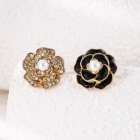 Sparkling Pearl and Diamond Rose Stud Earrings - Elegant Floral Drops for Women